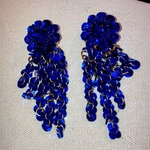 Vintage Cobalt Blue Sequin Flower Clip on Earrings